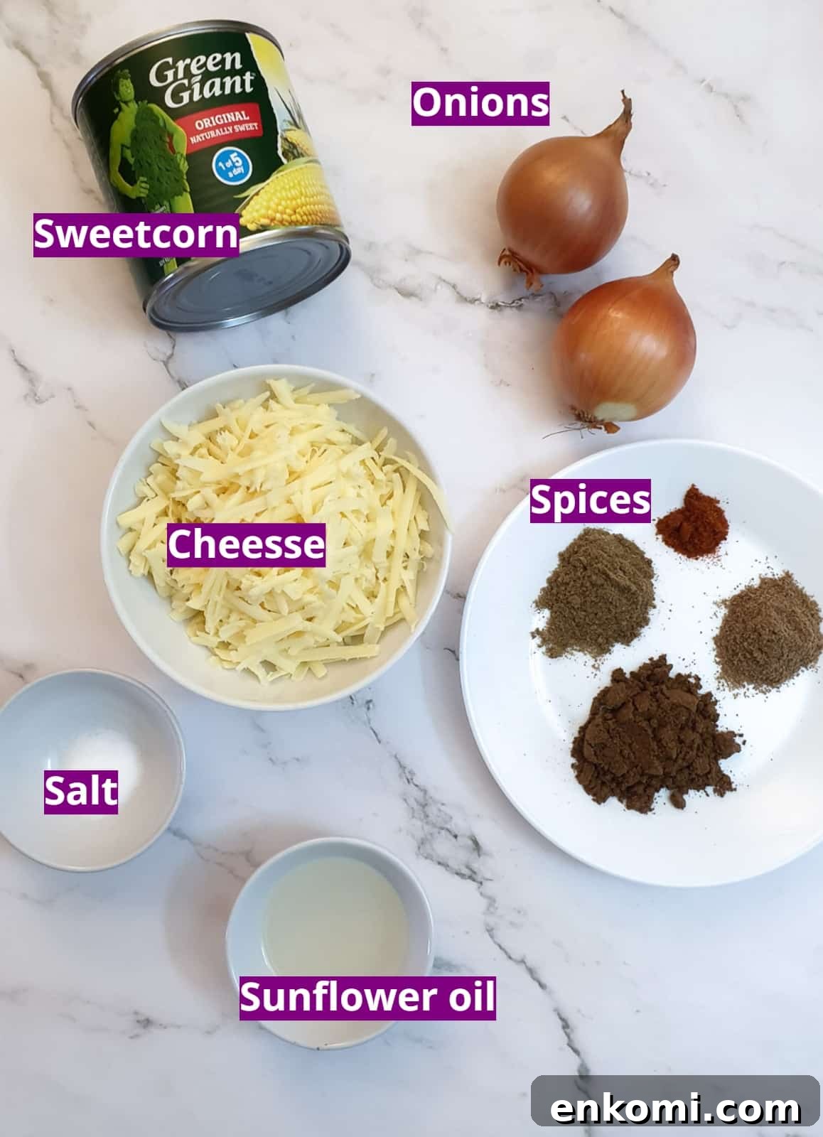 Ingredients for cheese and sweetcorn samosa filling.
