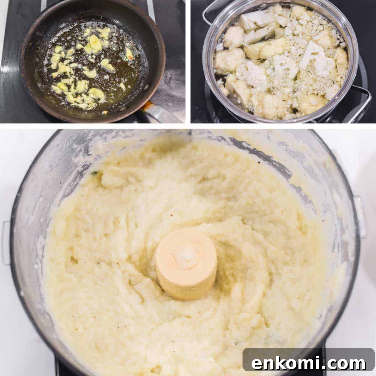 Garlic-Infused Mashed Caauliflower Recipe for Creamy Low-Carb Comfort Food 4 process shots of cooking garlic before boiling cauliflower and pureeing in food processor
