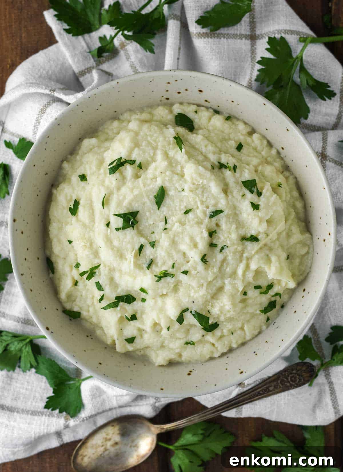 Garlic-Infused Mashed Caauliflower Recipe for Creamy Low-Carb Comfort Food 5 overhead shot of garlic mashed cauliflower in bowl