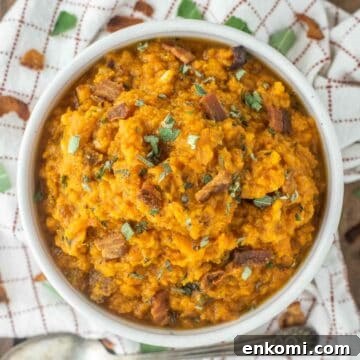 overhead shot of mashed sweet potatoes in bowl