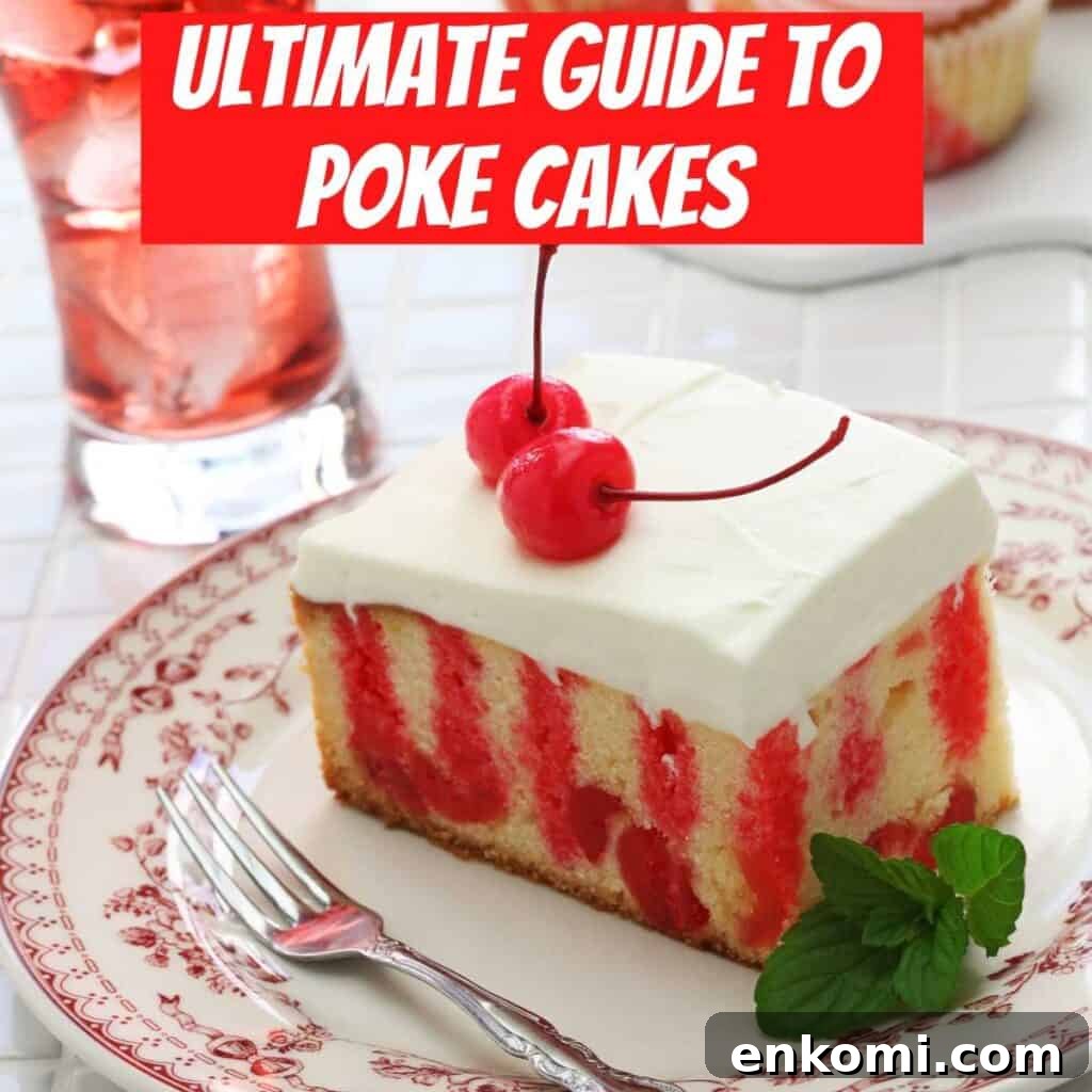 15 Irresistible Poke Cake Recipes to Try Tonight 2 cherry poke cake on a china plate with fork and mint sprig