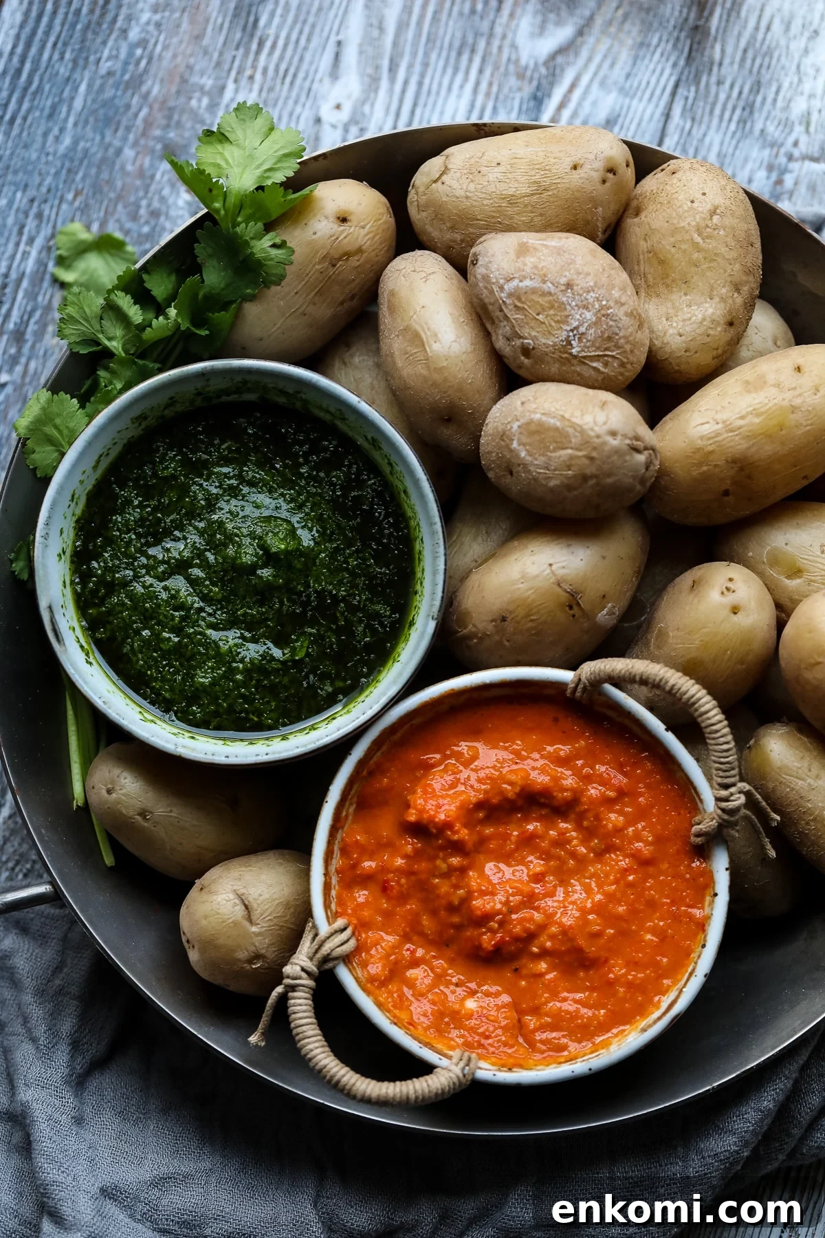 Papas Arrugadas served with Mojo Verde and Mojo Rojo on a Platter.