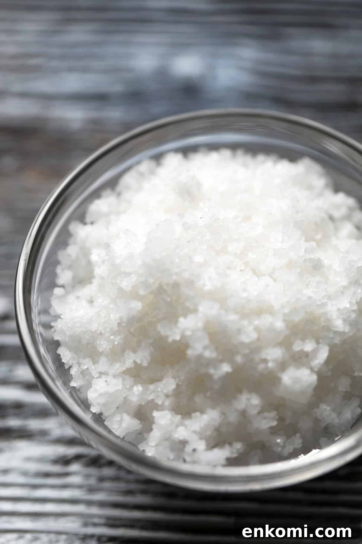 Coarse sea salt in a bowl.
