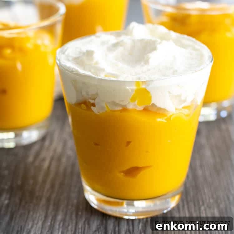 small cup of mango pudding without gelatin topped with whipped cream