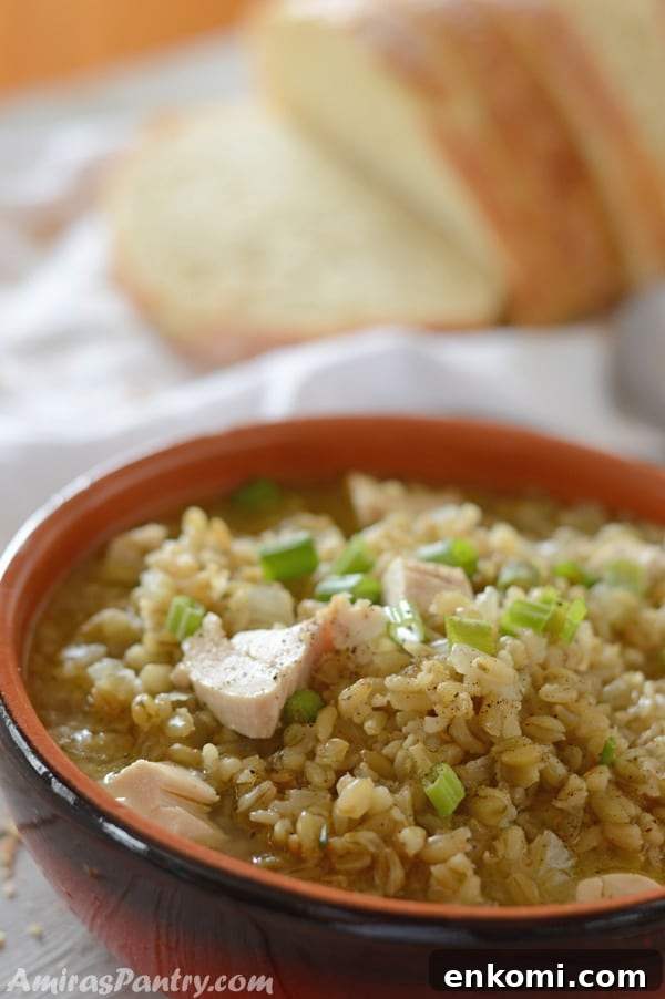 2-Week Family Meal Plan: Simple Recipes & Grocery List 2 A close up look at a bowl with freekeh soup.