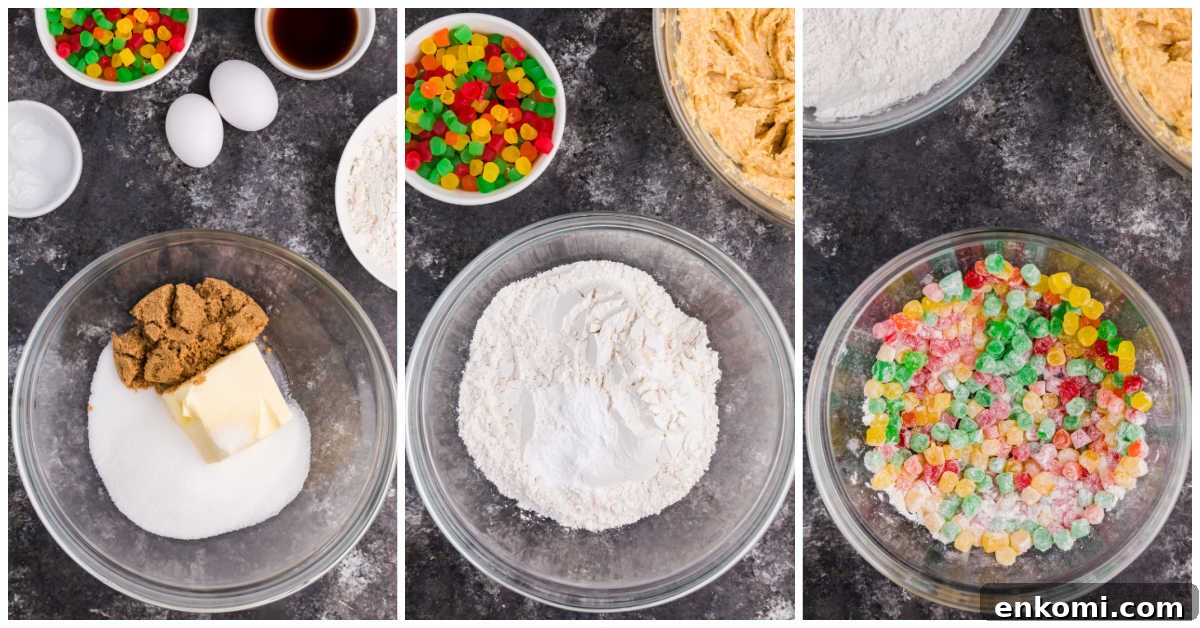 Gumdrop Cookie Recipe: Soft, Chewy Holiday Treats 4 Collage of mixing ingredients in a bowl.