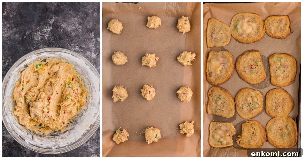 Gumdrop Cookie Recipe: Soft, Chewy Holiday Treats 7 Collage of cookie dough in a bowl and on a baking sheet, before an after baking.