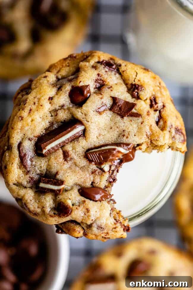 Andes mint cookie on top of a glass of milk