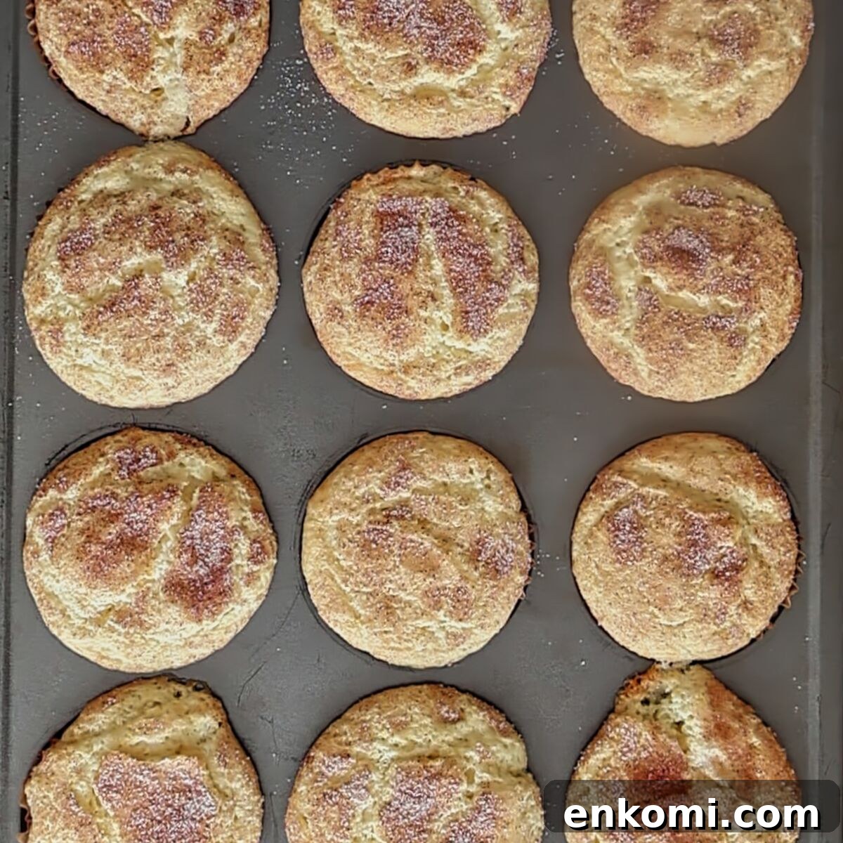 Gluten-Free Churro Cupcakes Recipe with Cinnamon Sugar Topping 12 baked cinnamon sugar cupcakes in muffin pan.