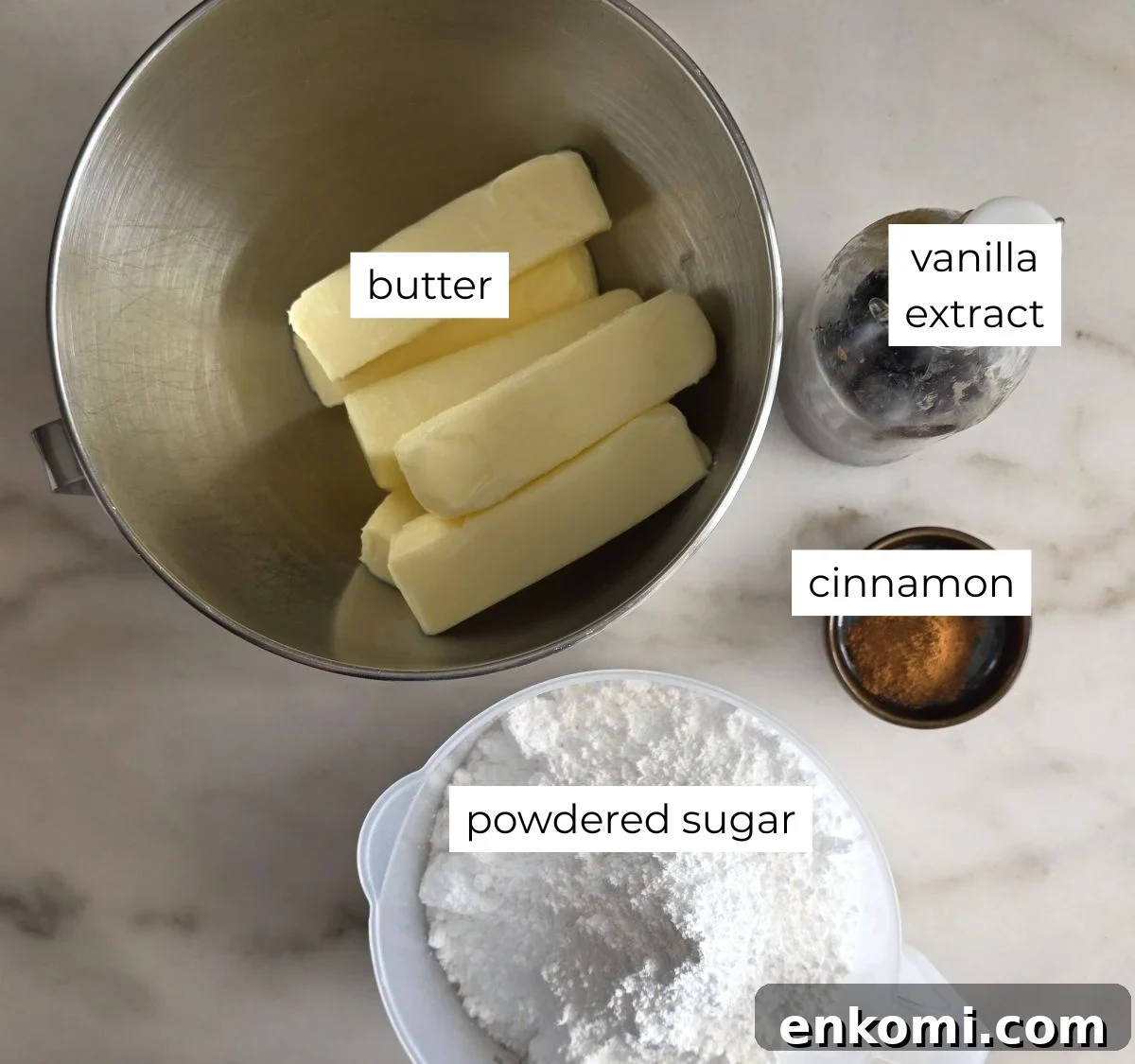 Gluten-Free Churro Cupcakes Recipe with Cinnamon Sugar Topping 5 buttercream ingredients measured out and labeled.