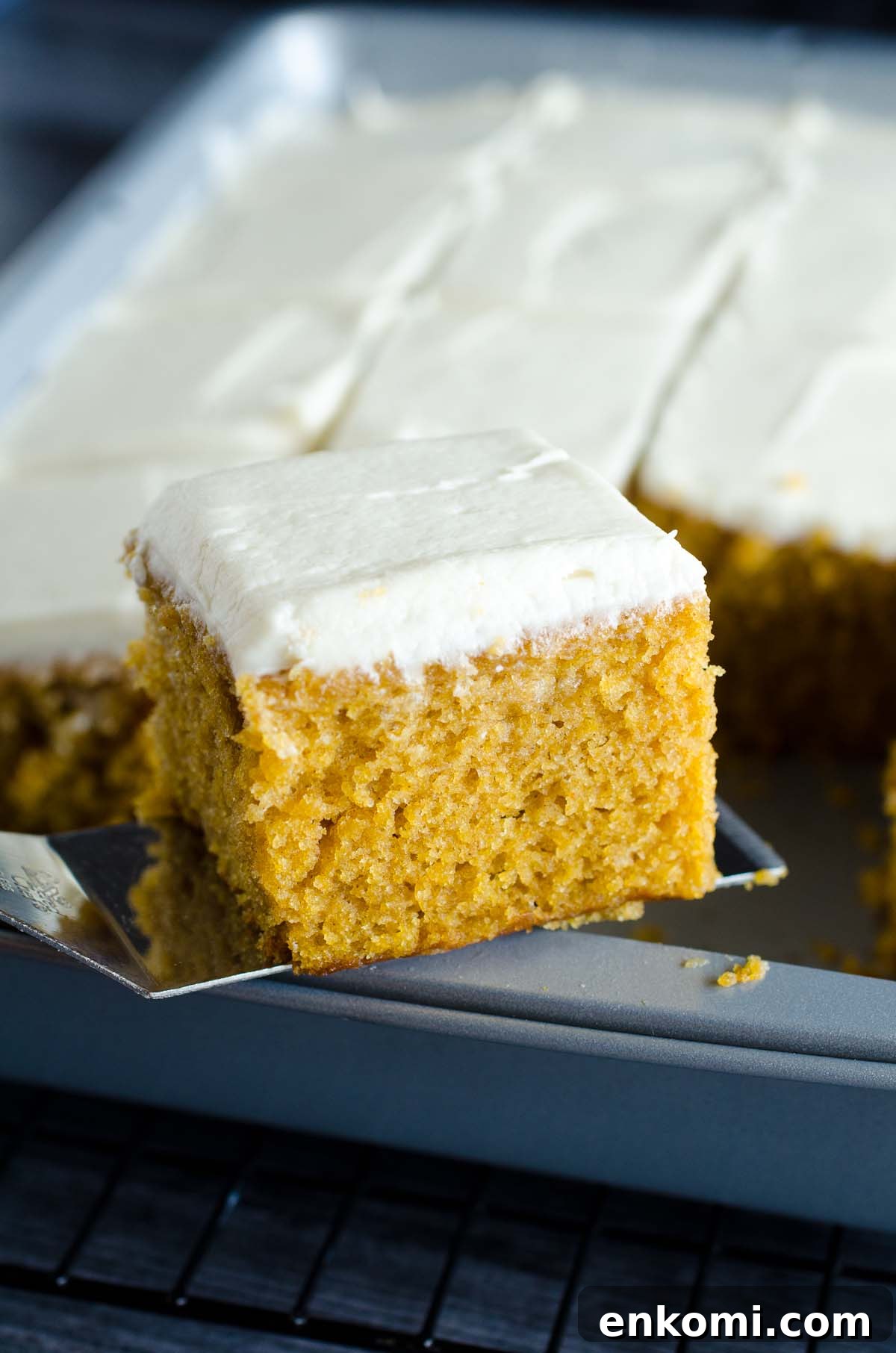 slice of pumpkin cake from pan