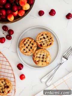 Mini Cherry Pies Recipe: Perfect Handheld Fruit Tarts 16 Three mini cherry pies on a plate with forks nearby.