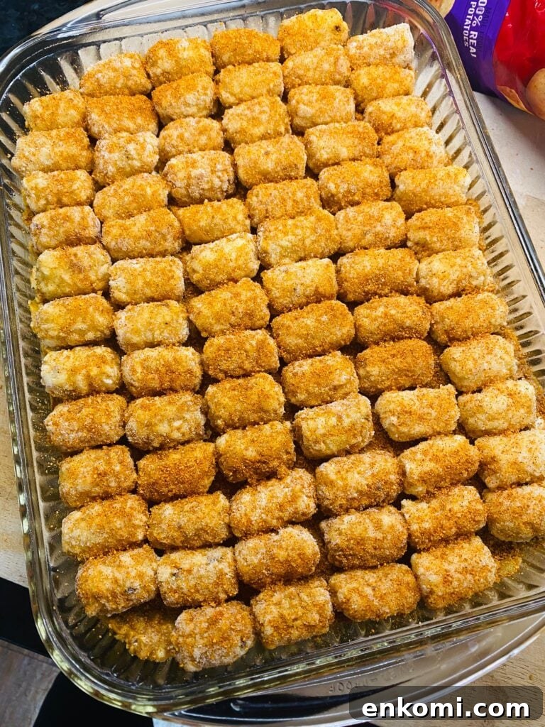 Cheesy Brisket and Tater Tot Casserole Recipe 6 Brisket Tater Tot Casserole before baking