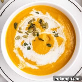 overhead shot of Pumpkin Soup in a bowl