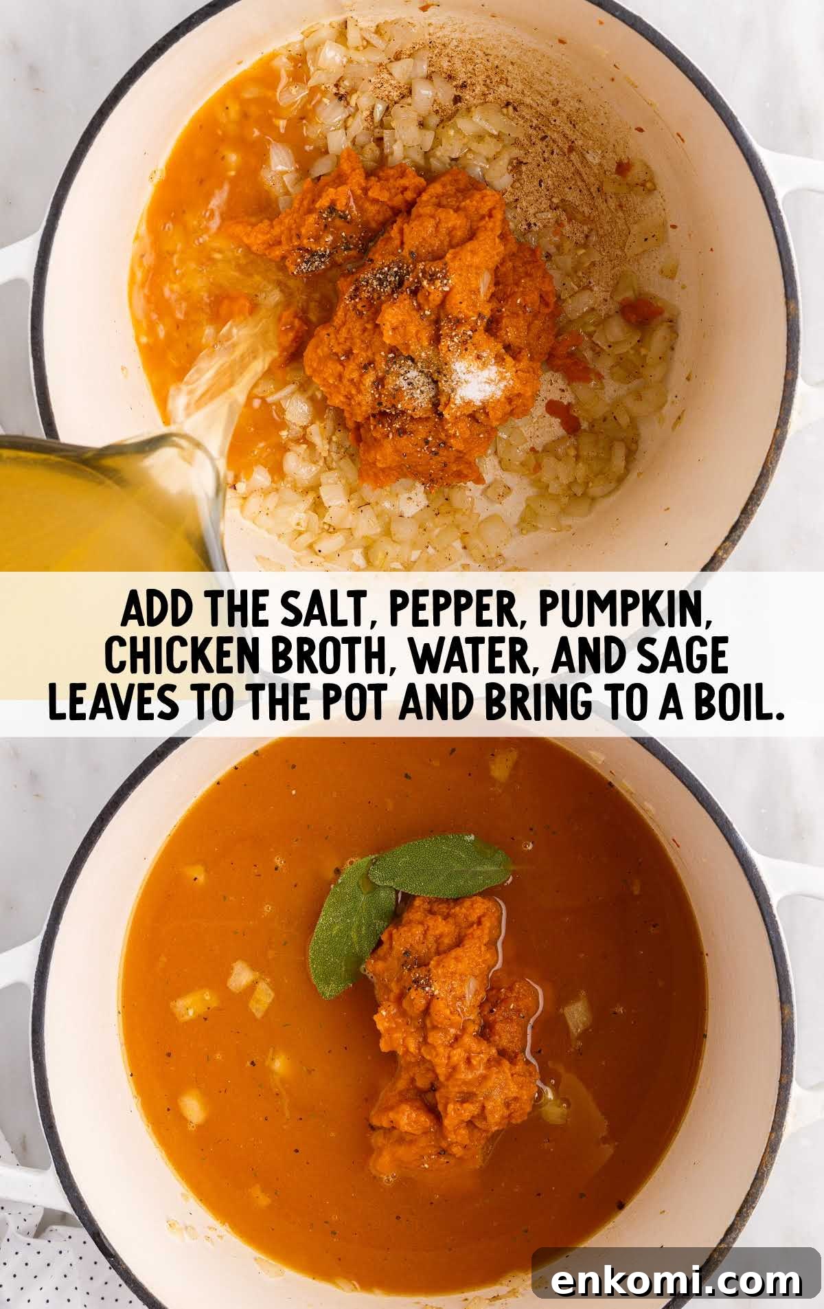 salt, pepper, pumpkin chicken broth, water, and sage leaves added to the garlic mixture in a pot