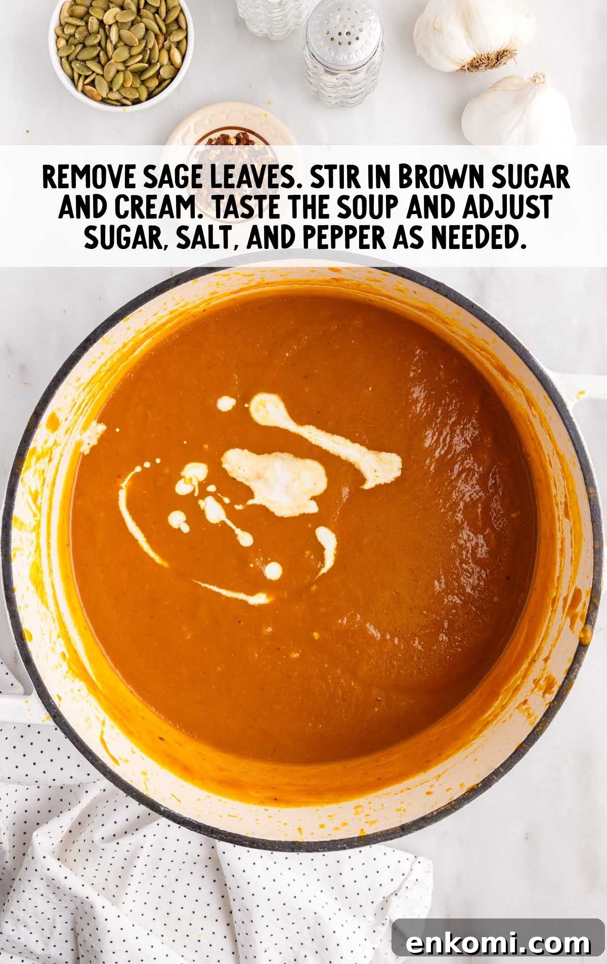 brown sugar and cream stirred in a pot and sage leaves removed