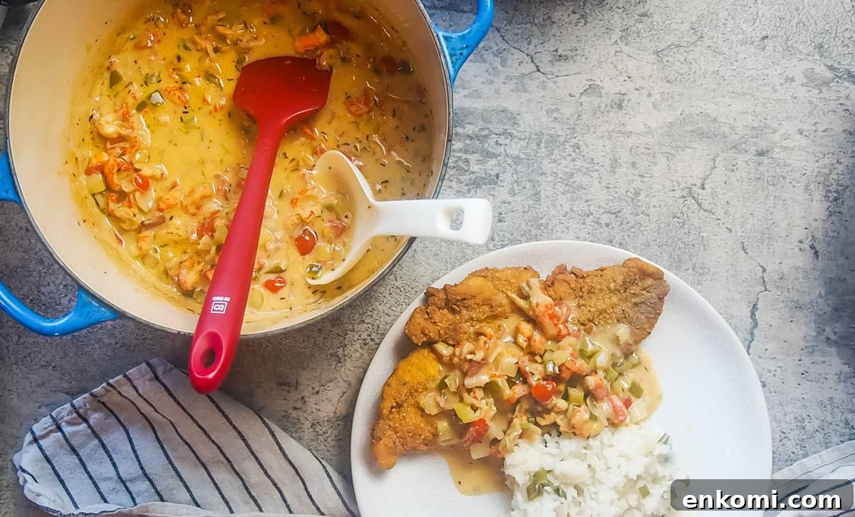 a white plate with fried catfish, crawfish etouffee, and green onion rice on it with a pot of crawfish etouffee