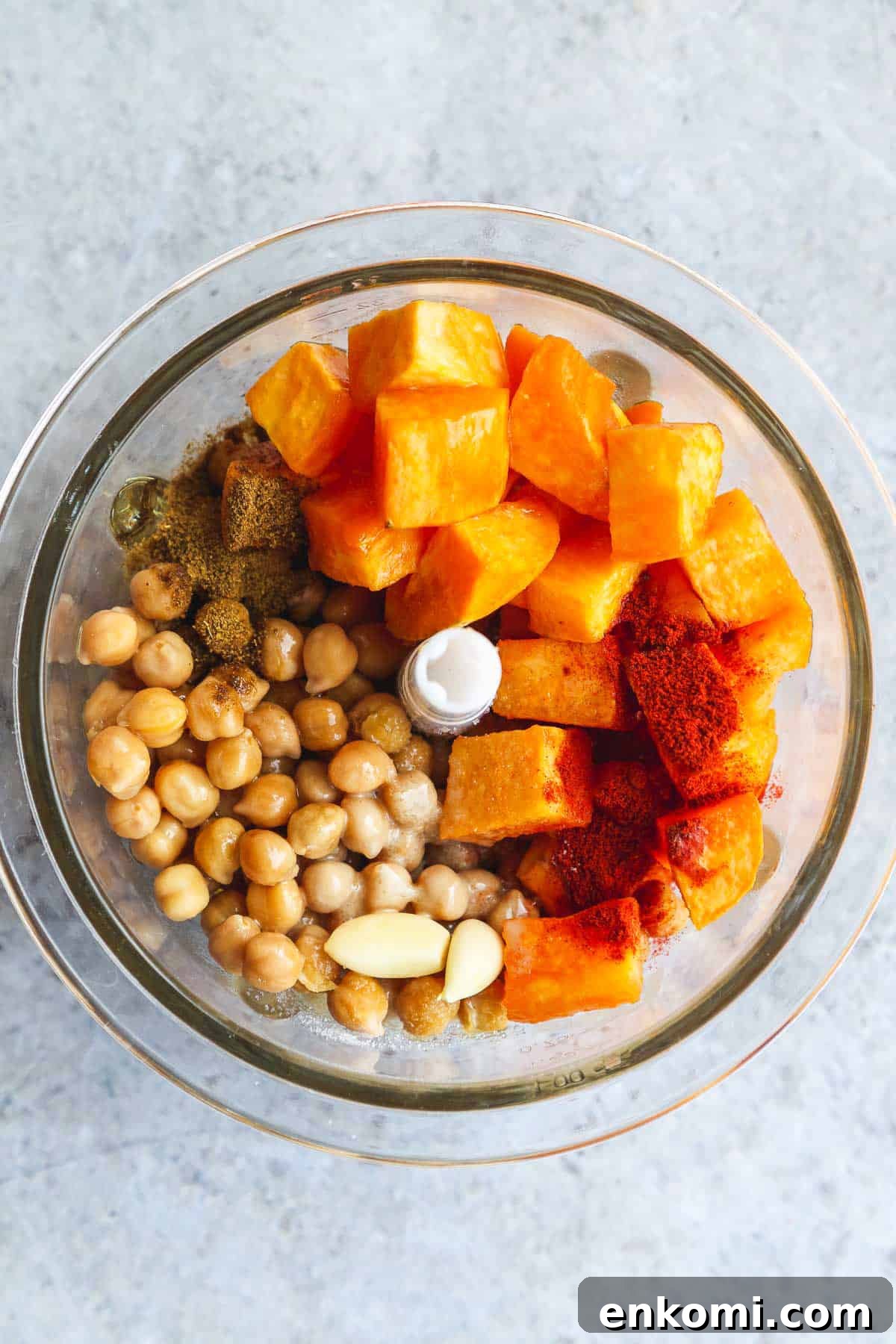 Roasted Sweet Potato Hummus Recipe — Creamy Autumn Dip 5 Sweet potato hummus ingredients in a food processor