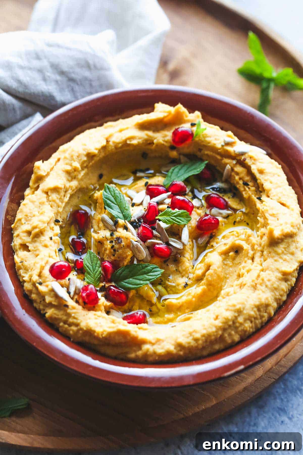 Roasted Sweet Potato Hummus Recipe — Creamy Autumn Dip 6 Sweet potato hummus in a brown bowl
