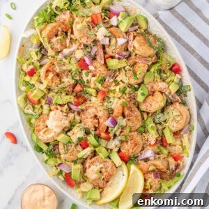 A platter of an easy shrimp salad recipe ready to serve.
