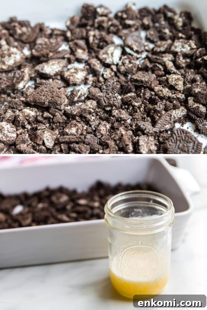 collage image. Top image is casserole dish with crushed oreos. Bottom image is a mason jar with melted butter sitting in front of the Oreo cookies in casserole dish 