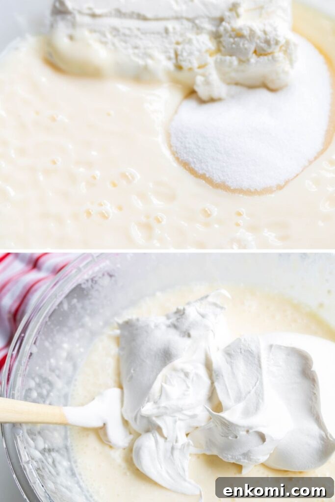 collage of pudding with cream cheese and sugar and cool whip folding into the bowl with pudding 