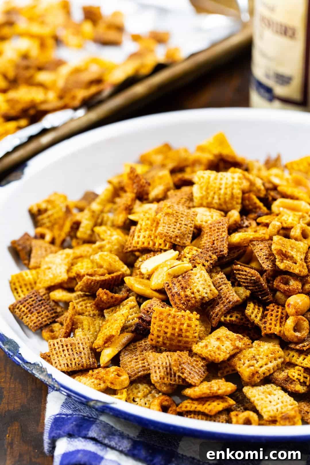 Crispy Air Fryer Chex Mix Recipe for Snack Lovers 3 Air fryer Chex Mix in a serving dish.