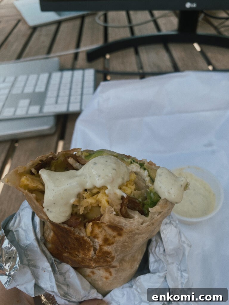 Skier’s Breakfast Burrito at Beaumont Bakery: A Local Favorite 4 Breakfast burrito with sauce