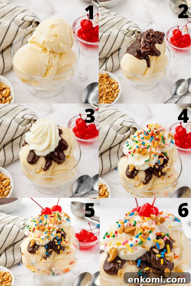 Decadent Hot Fudge Sundae Recipe You’ll Love 4 a collage of six images showing how to make a hot fudge sundae