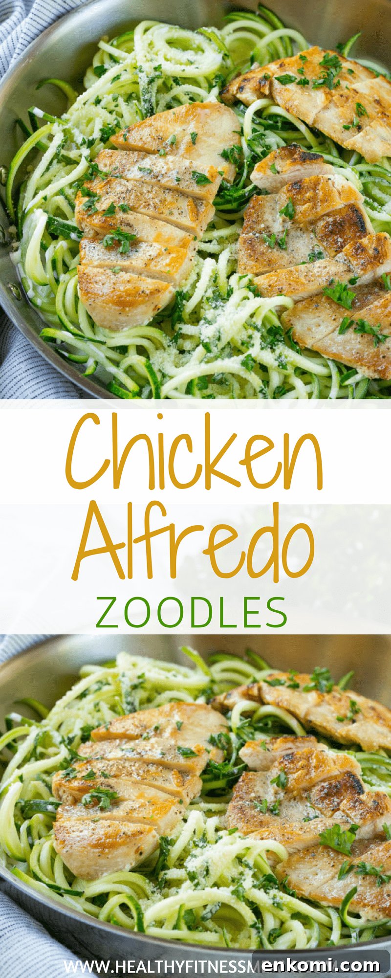 chicken alfredo zoodles in pan with chicken 