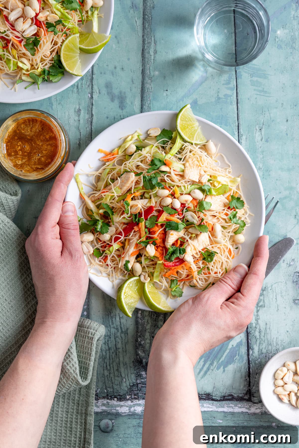Asian Chicken Noodle Salad with Crunchy Veggies & Sesame Dressing 5 Hands holding a plate of chicken noodle salad