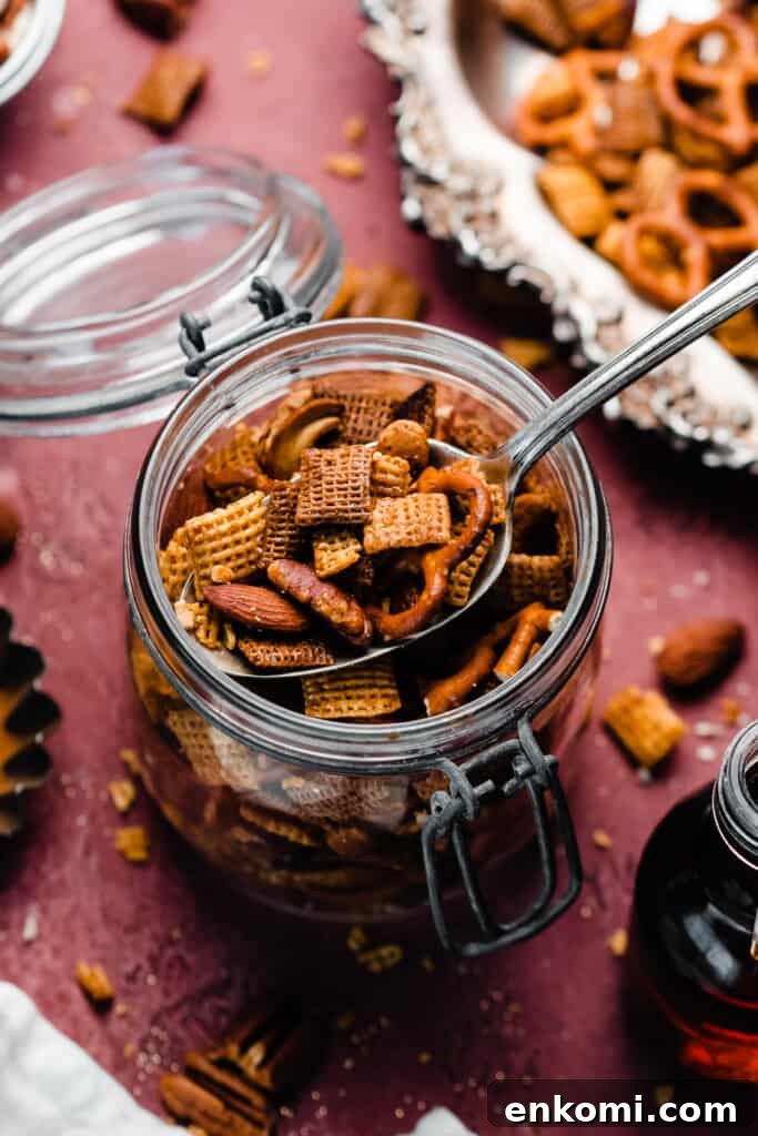 Sweet and Salty Maple Chex Mix Recipe for Snack Lovers 2 A jar of maple chex mix.