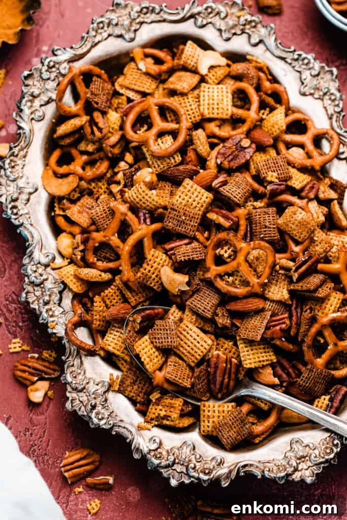 Sweet and Salty Maple Chex Mix Recipe for Snack Lovers 3 A vintage tray full of the homemade chex mix.