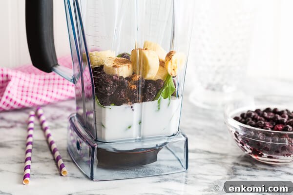 High-Protein Chocolate Blueberry Smoothie Recipe 3 Ingredients for a chocolate blueberry smoothie in a blender container ready for blending.