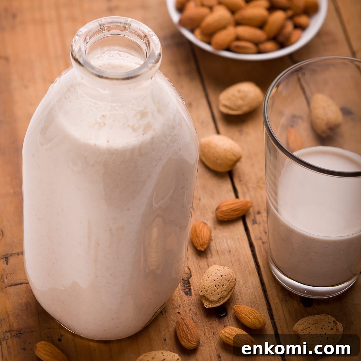 High-Protein Chocolate Blueberry Smoothie Recipe 4 A glass dairy bottle of homemade almond milk with raw almonds on a wooden table.