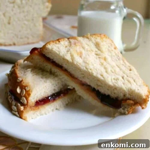 Peanut butter sandwich made with the honey oat bread to illustrate the finished product.