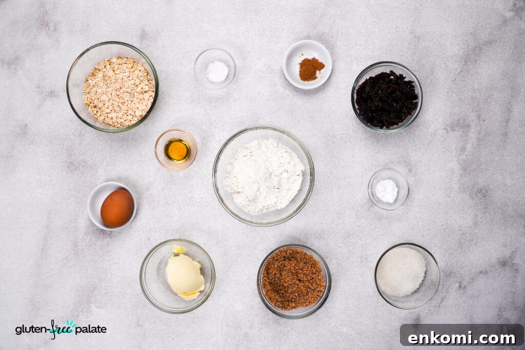 Gluten free oatmeal raisin cookie recipe ingredients.