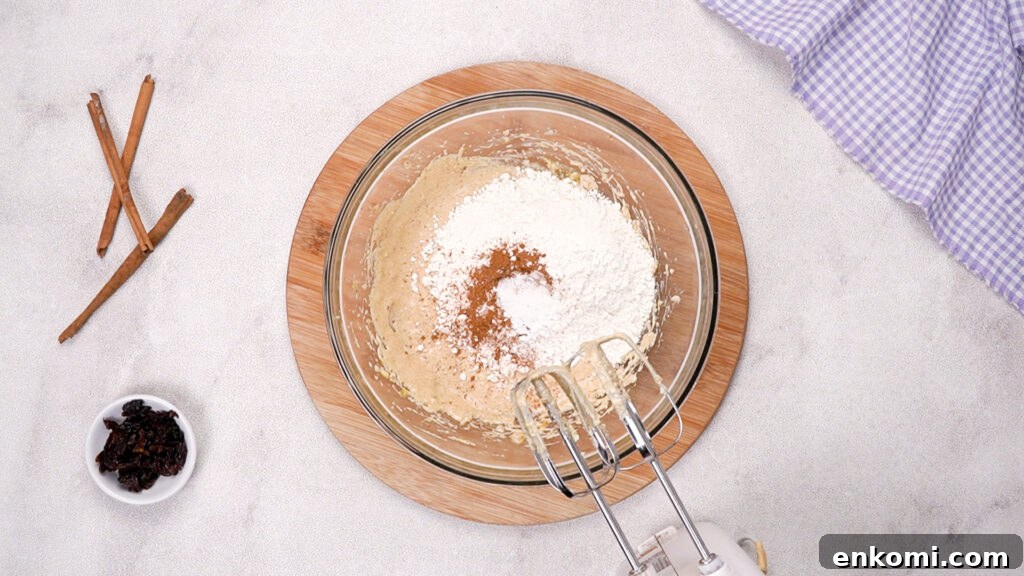 Gluten-free flour, cinnamon, baking soda, and salt added to batter.