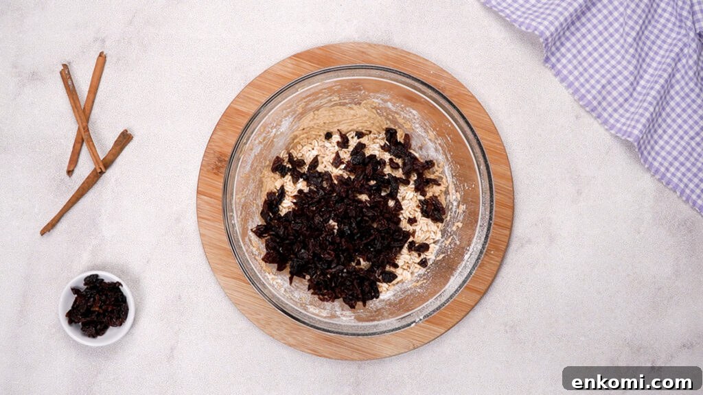 Dough mixed with oats and raisins.