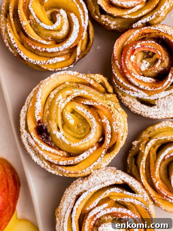 Apple roses on a white rectangle plate, then sprinkled with powdered sugar.