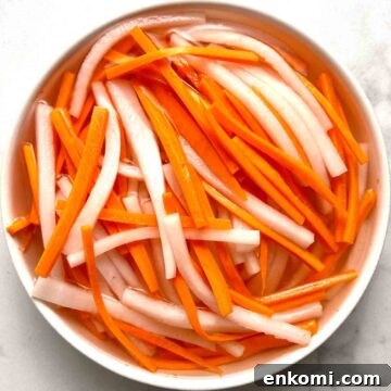bowl of banh mi pickled daikon and carrots.