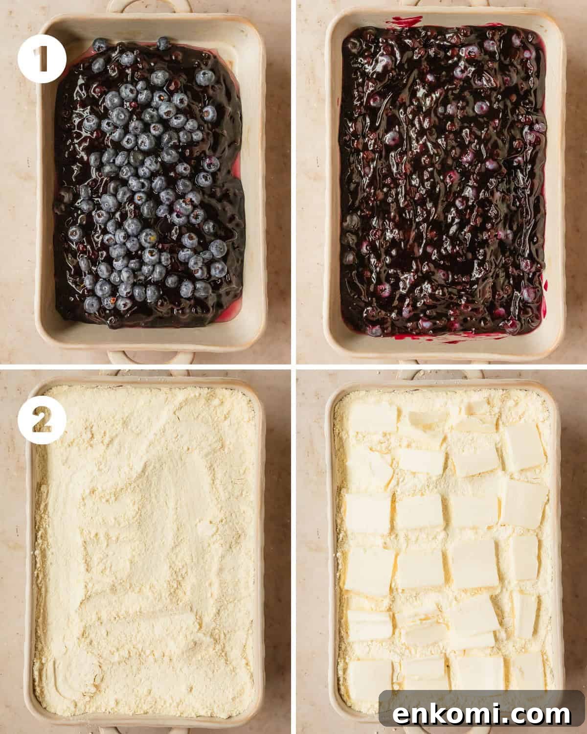 Lightly grease a 11 x 7 or 9 x 13 inch baking dish using a tablespoon of butter. Preheat the oven to 350 F (177 C). Evenly spread the canned blueberry pie filling across the greased baking dish. Top the blueberry pie filling with fresh blueberries and lemon juice. Evenly spread the yellow cake mix on top of the blueberry pie filling. Evenly cover the cake mix layer with slices of cold butter. Try to cover as much of the cake mix as possible. In a small bowl, melt the remaining ½ cup (113 g) unsalted butter. Drizzle the melted butter in between the slices of cold butter. Try to cover as much of the cake as possible with butter. Scatter more fresh blueberries on top of the butter and cake mix. If you would like, sprinkle a little sugar on top.