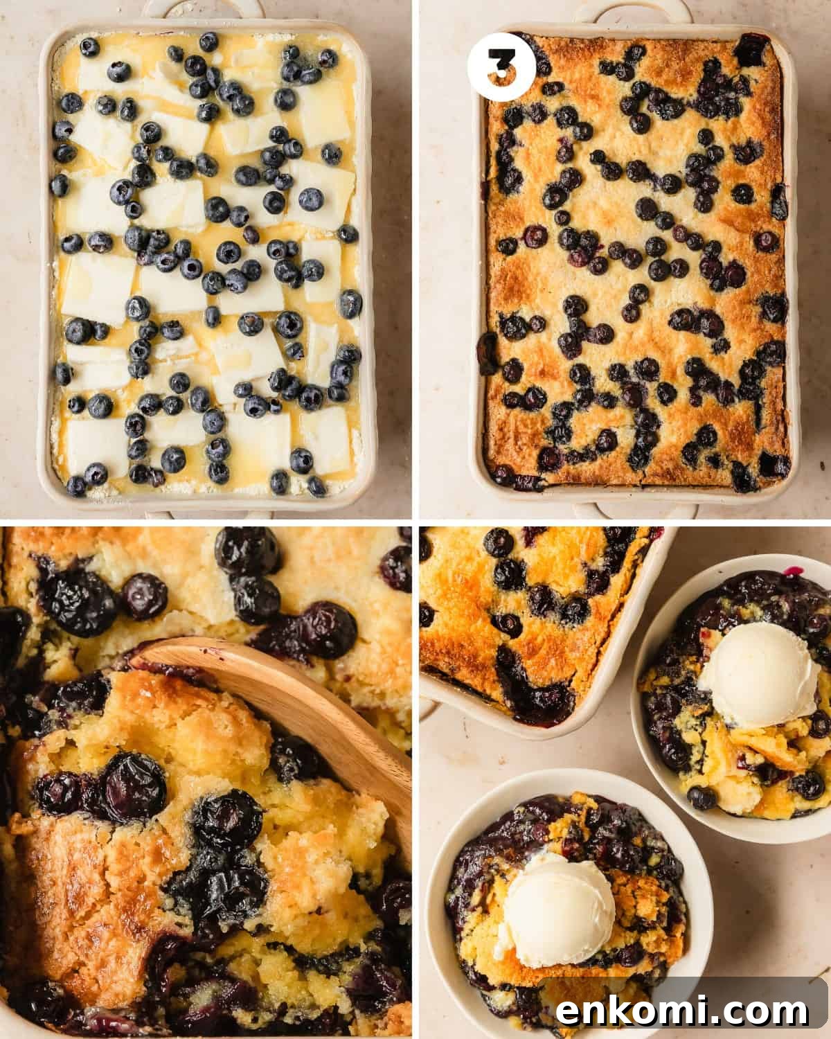 Bake the blueberry dump cake for 45 - 55 minutes or until the top is a beautiful golden brown and the blueberry filling is bubbling around the edges of the baking dish. Cool the cake mix blueberry cobbler for about 20 - 30 minutes, scoop the blueberry pie cobbler into a bowl, top with ice cream and enjoy.