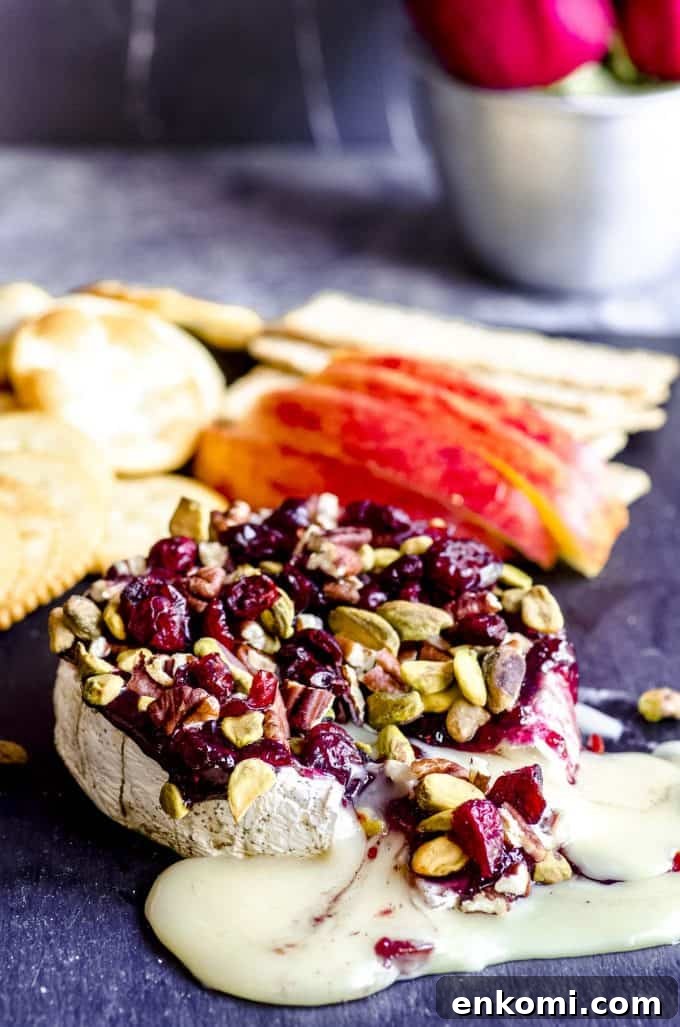 Cranberry Pecan Baked Brie: Warm Appetizer for Holiday Entertaining 3 An angled view of baked brie after being baked with brie melting around it