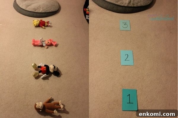 Split Image featuring two fun and easy indoor preschool activities, with left showing four stuffed toys leading to a toddler lounger for a preschooler to jump over and then land on the lounger. Right split image is number cards they can jump on in order of 1-2-3 before reaching the lounger.