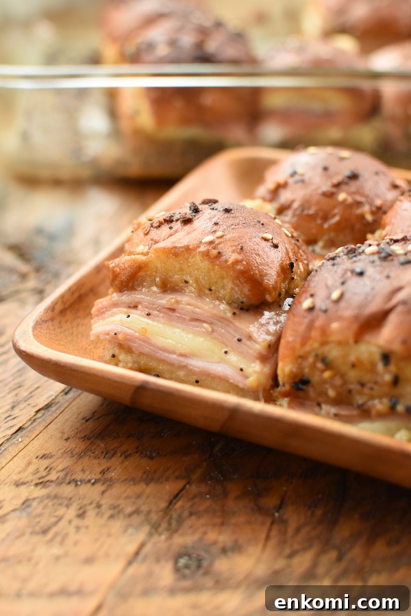 Cheesy Ham Sliders Recipe for Quick Party Sandwiches 7 ham and cheese sliders with Kings Hawaiian Rolls | NoBiggie.net