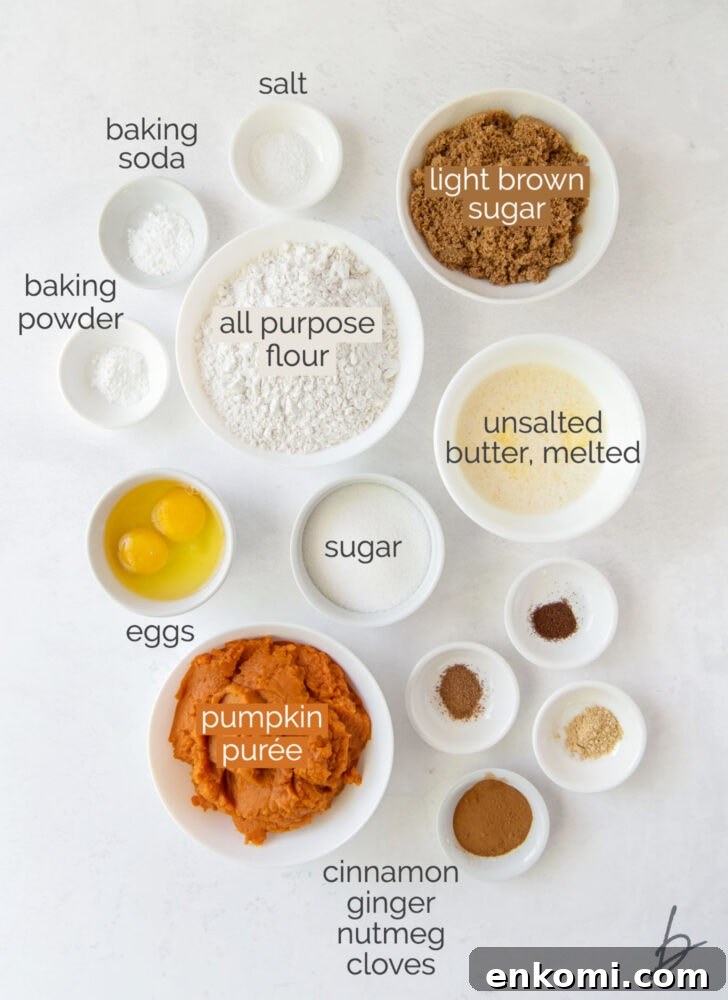 pumpkin muffin ingredients in bowls labeled with text