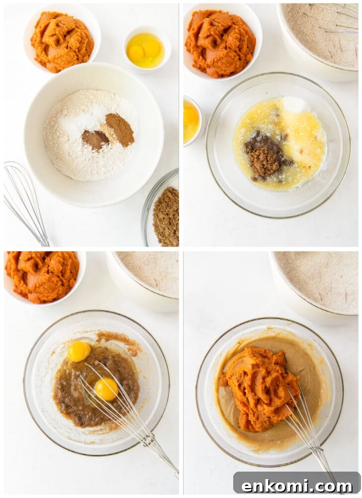photo collage demonstrating how to make pumpkin muffins in a glass mixing bowl