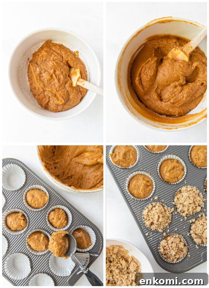 photo collage demonstrating how to make pumpkin muffins in a glass mixing bowl and muffin tin