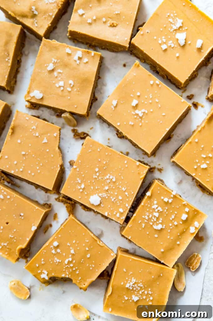 Peanut butter fudge squares topped with coarse sea salt.